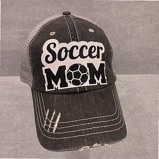 SOCCER MOM Womens Hat Baseball Ball Cap ADJUSTABLE Distressed Mesh Back