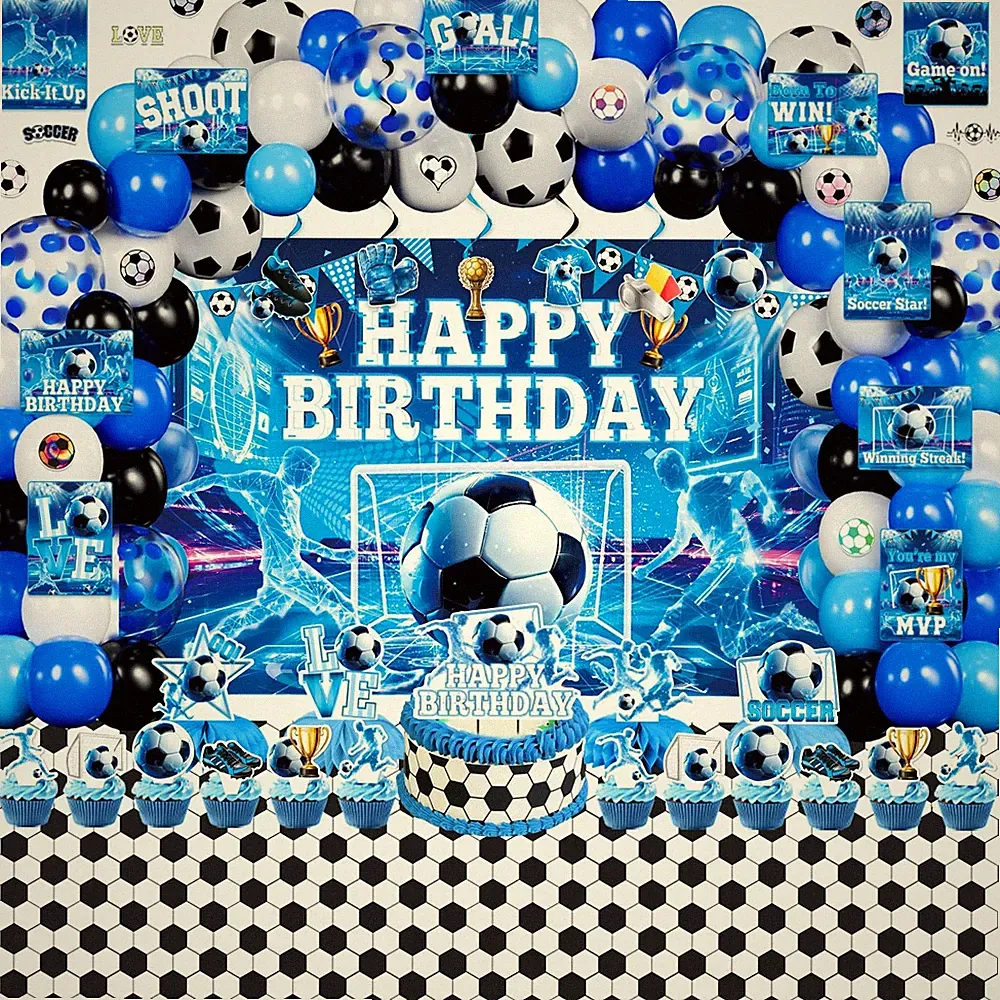 Soccer Party Decorations for Boys, 171Pcs Blue Soccer Party Decor Supplies -...