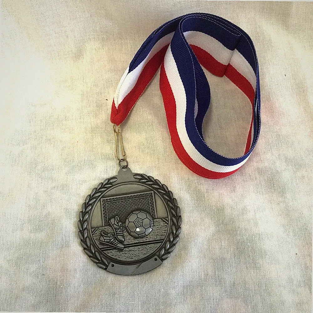 SOCCER SILVER Medal 2 5/8"W Team Awards Red White Blue Lanyard FREE Custom Text