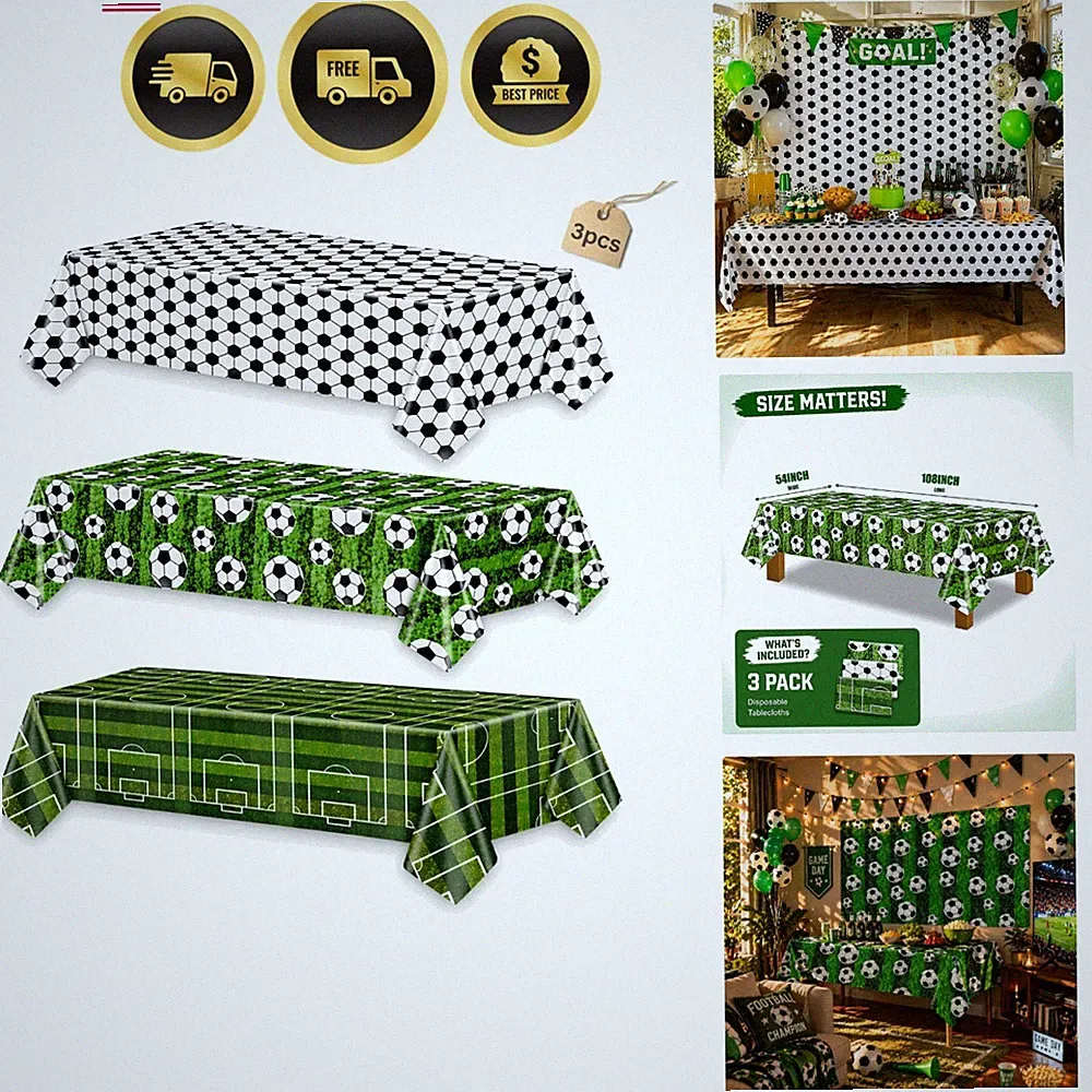 Soccer Table Cloth 3Pcs Disposable Plastic Cover for Sports Party Game Day