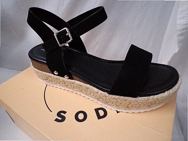 Soda Clip Tan Pu (Whipped Stitch) Open Toe Ankle Strap Espadrille Sandals Black