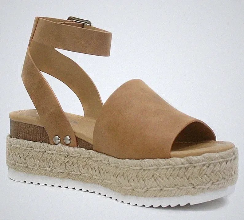 Soda Topic Open Toe Buckle Ankle Strap Espadrilles Wedge Casual Sandal Sz 6 New