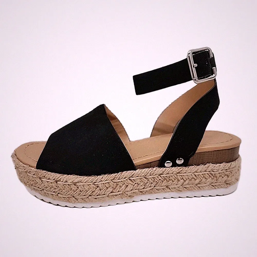 Soda Women’s Topic Open Toe Ankle Strap Platform Espadrille Black Sandal Sz 7
