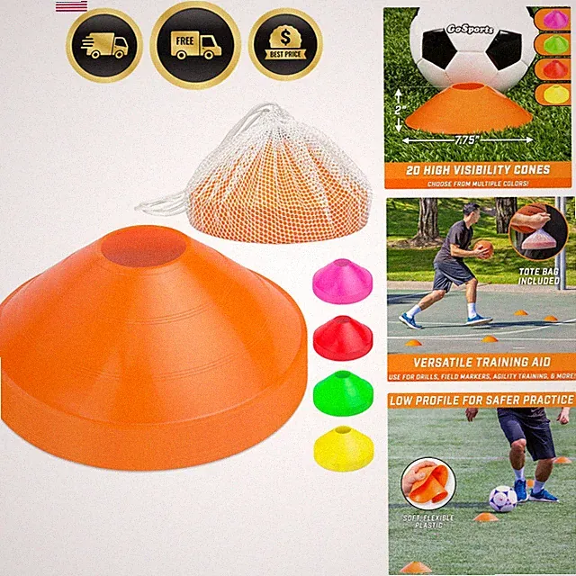 Sports Cones for Agility Training and Drills - 20 Pack with Tote - Orange, Gr...