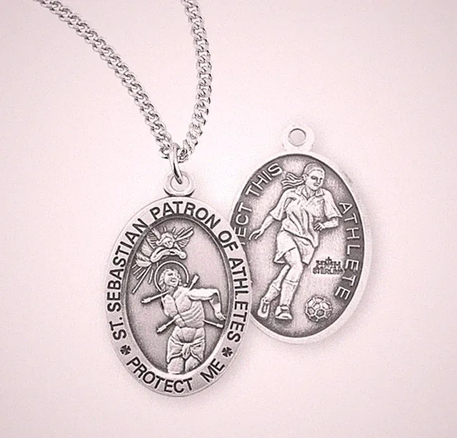 St. Sebastian Women's Sterling Silver Soccer Medal Necklace