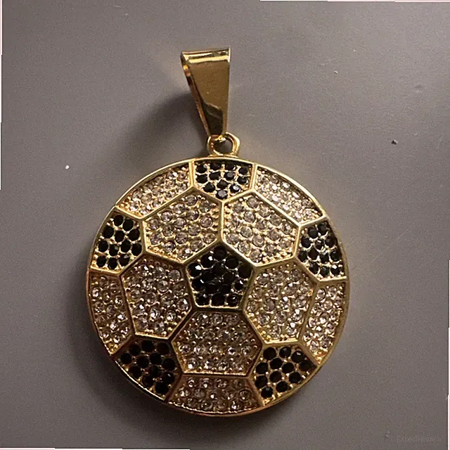 Stainless Steel Soccer Football Pendant 24” Chain World Cup Gold Cubic Zirconia