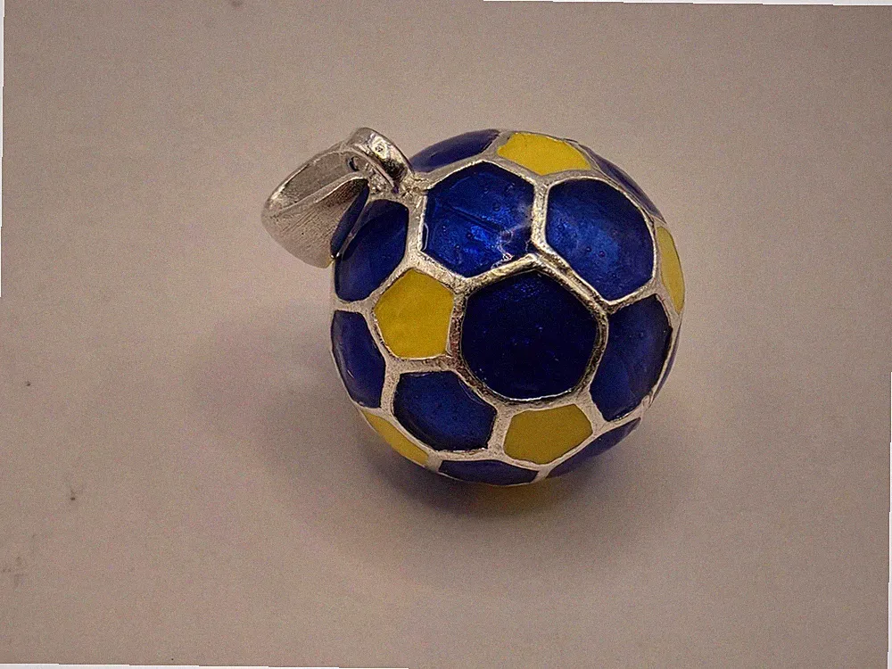 Sterling Silver Soccer Ball Pendant Blue Yellow Enamel 3D Round Charm 0.5 in