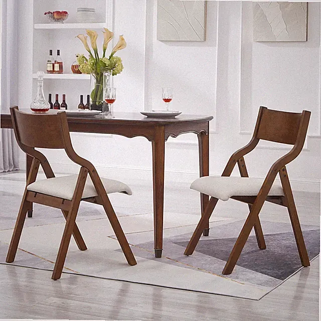 Stylish Set of 2 Walnut Finish Upholstered Folding Dining Chairs