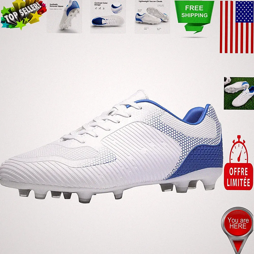 Stylish White/Royal Men's Firm Ground Soccer Cleats - Shock-Absorbent Size 6.5