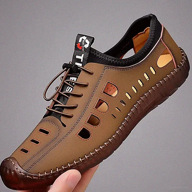 Summer Men's Leather Sandals Slip on Flat Outdoor Mesh Beach Shoes Tendon Sole