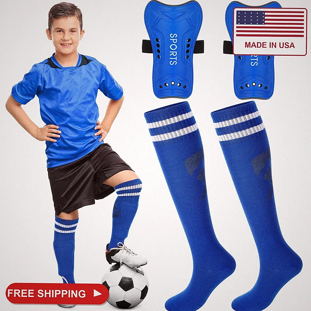Syhood Soccer Shin Guards with Socks for Kids Age 3-15, L Size, Blue
