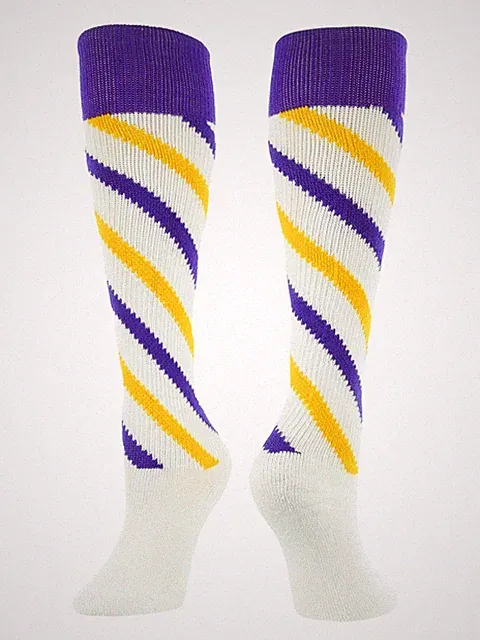 TCK Candy Stripes Knee High softball Socks Medium, White/Purple/Gold