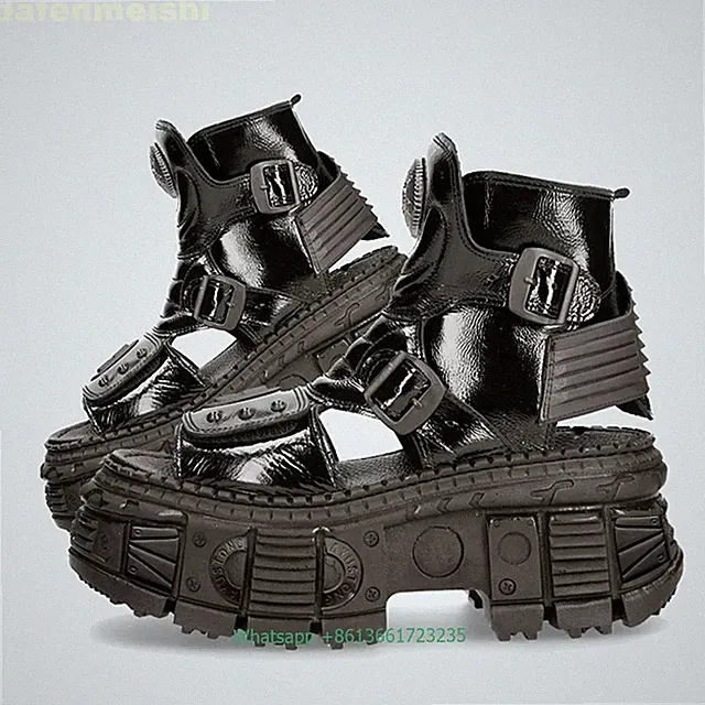 Thick-Soled Motorcycle Sandals Boots Metal Hollow Rivet Leather Gladiator Shoes