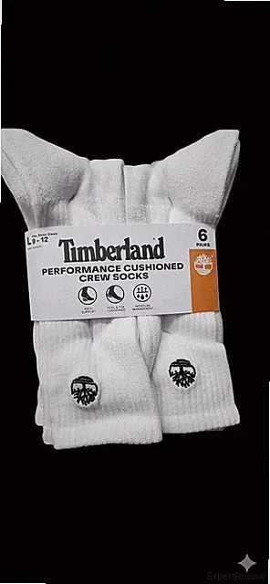 Timberland Socks 6 Pair Men’s Black or White Performance Cushioned Crew Socks