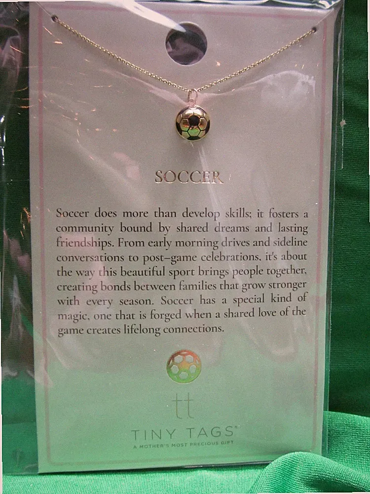 Tiny Tags Necklace SOCCER Ball 16" W/ 2" Extender 14K GOLD ION Plate Over Brass