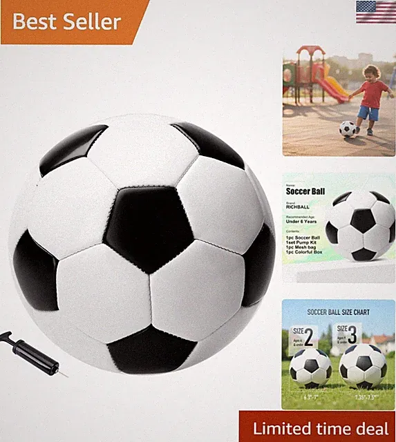 Toddler Soccer Ball, Size 2 Soccer Ball Classic White Black, Outdoor Ativitie...