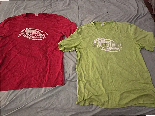 Two Fusion Soccer Coach's Dry Fit Shirts- Red and Lime Green - USED/LARGE/Good