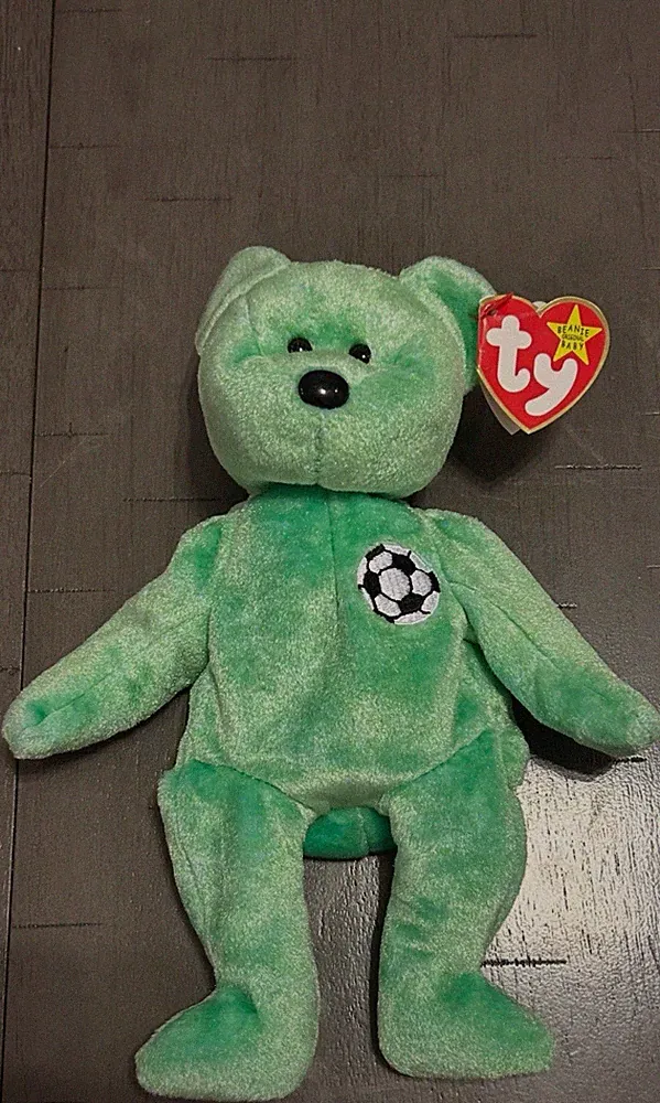 Ty Beanie Babies Kicks Green Bear Plush Soccer Ball Patch 1999 Vintage w/Errors