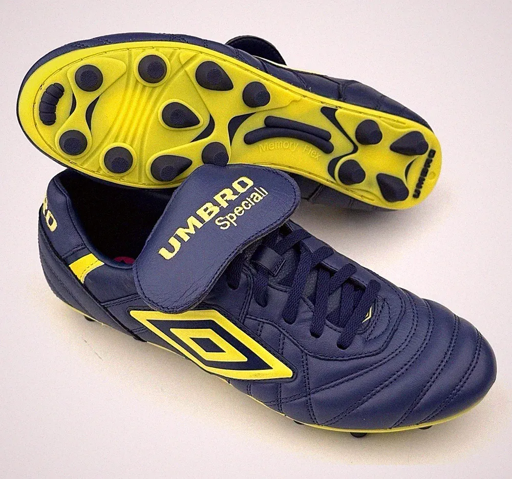 Umbro Speciali Pro 24 FG Elite Leather Navy Blue Yellow Soccer Cleats Men's 12