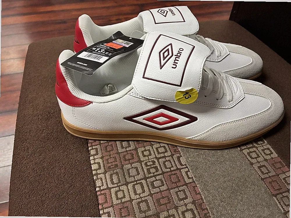 Umbro Speciali Soccer Cleats White and Red Colorway with A Gum Rubber Sole
