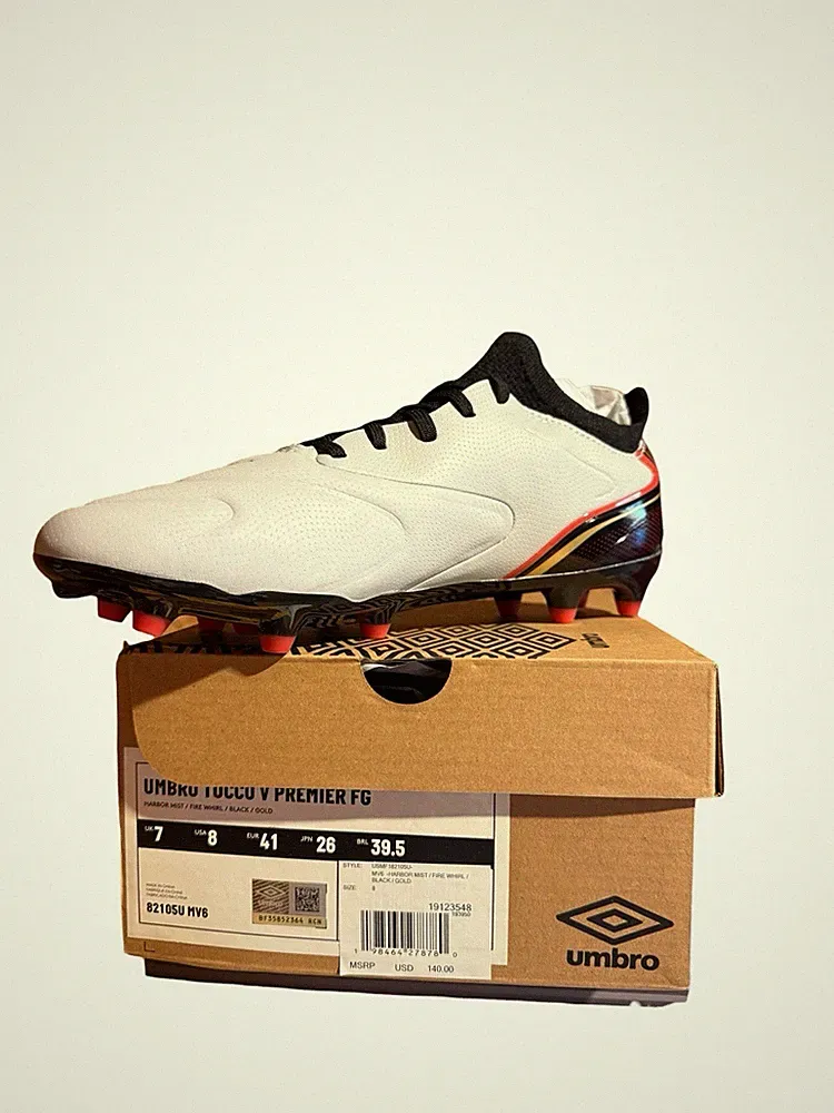 Umbro Tocco V Premier FG Soccer Cleats Leather Men’s 8 Harbor Mist Fire Whirl