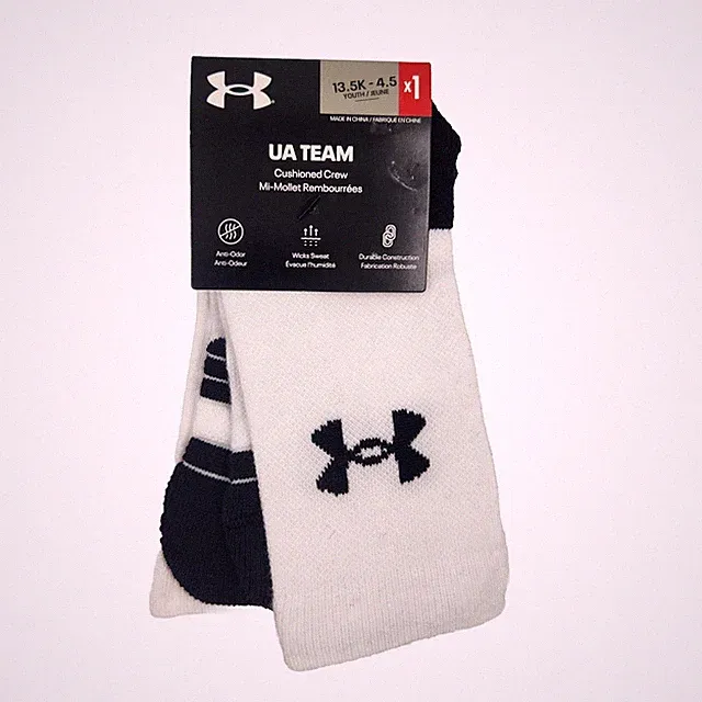 Under Armour Team Sports Crew Socks, Youth 13.5-4.5, White, Soccer, S8