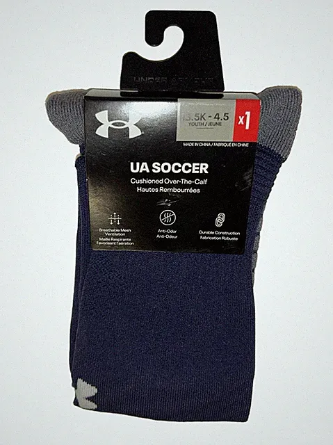 Under Armour UA OTC Soccer Socks 1 Pair Youth 13.5K-4.5 Navy w White Logo Kids