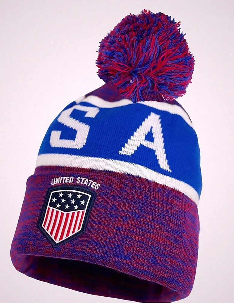 USA Soccer Fan Pom Pom Beanie Hat Red White Blue Knit Winter American