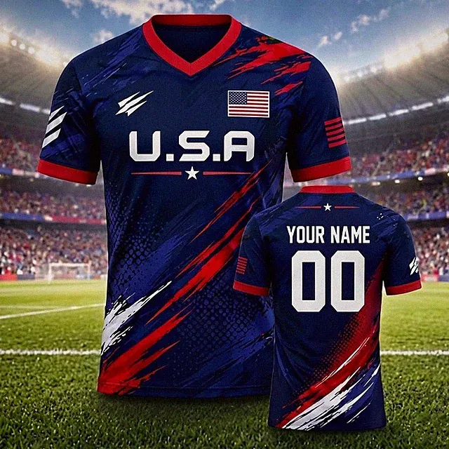 USA Soccer Jersey Football Tee Dark Blue American Flag Athletic V Neck Soccer