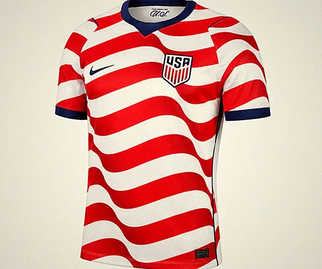 USA Soccer Jersey Red White Patriotic Wave Pattern Football Fan Shirt Moisture