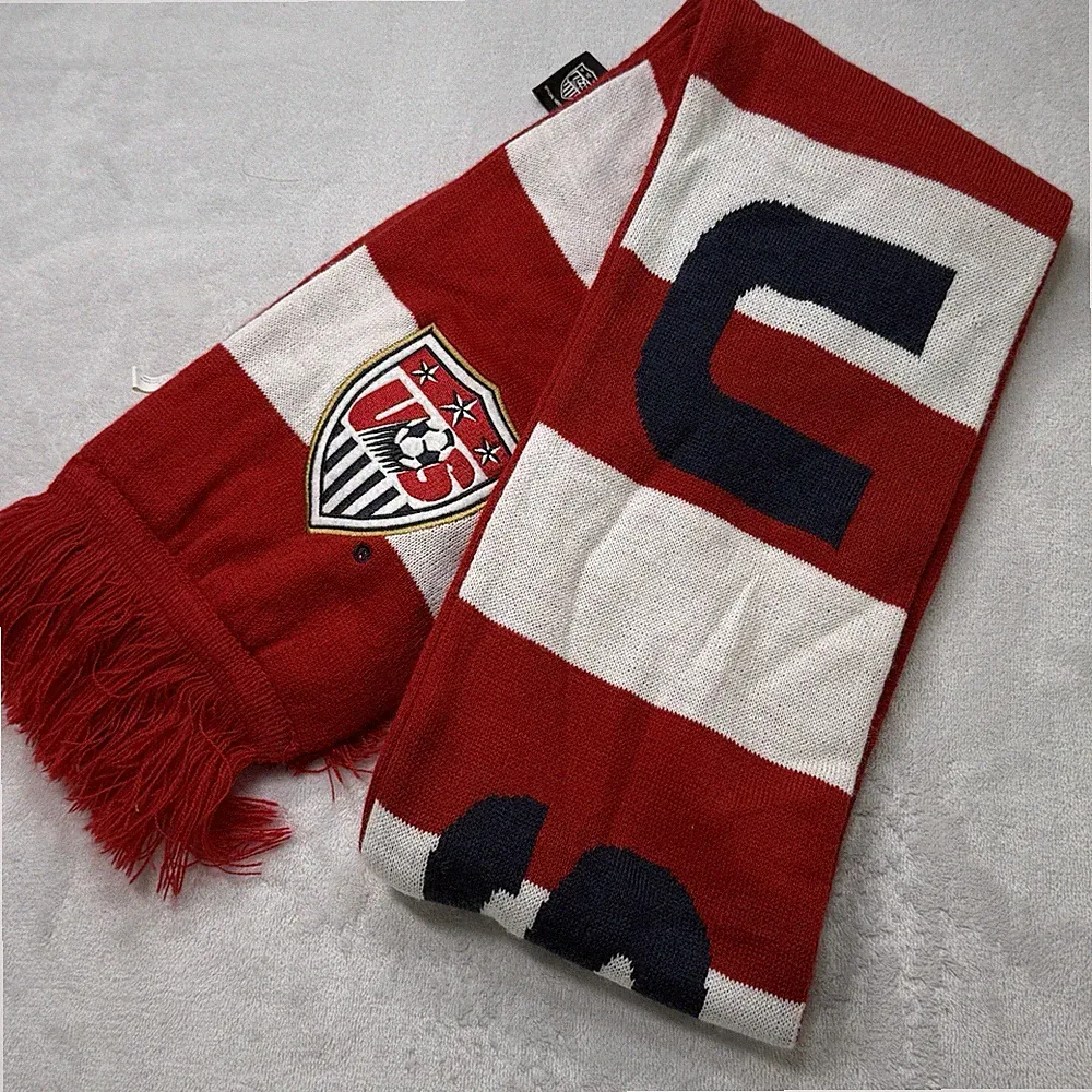 USA Soccer Knit Scarf US National Team Red White Blue Fringe Acrylic