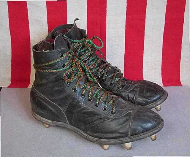 Vintage 1950s Black Leather High Top Football Shoes Cleats Size 6.5 Great Shape!