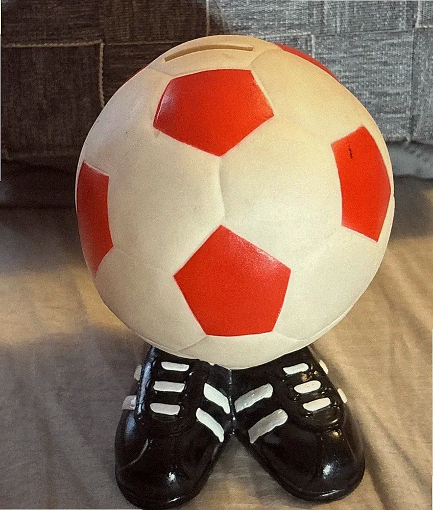 Vintage 1988 Leany Trading Red & White Plastic Soccer Ball With Cleats Bank