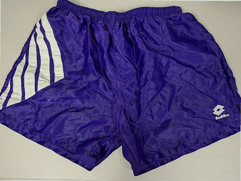 Vintage 1990s Lotto Soccer Satin Shorts Embossed Logo Elastic Purple Large