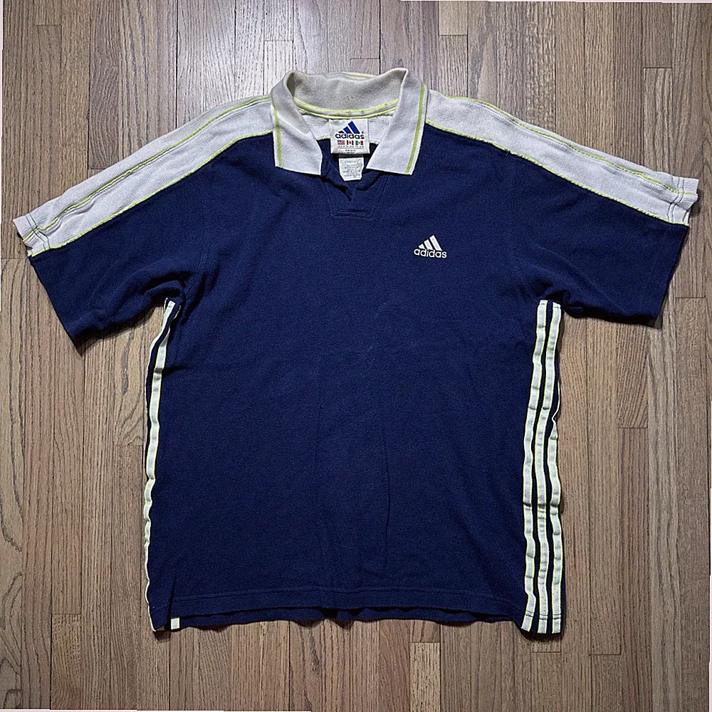 Vintage 90s Adidas Men’s SZ M Spell Out Striped Collared Soccer Football Jersey