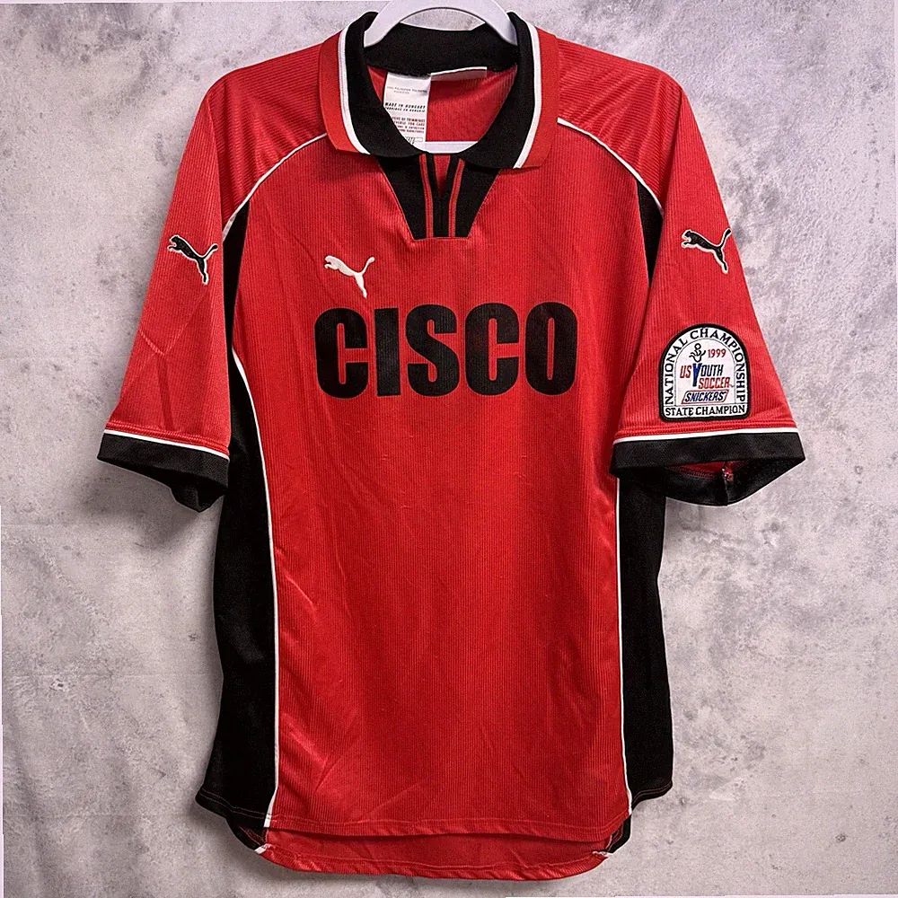 Vintage 90s PUMA Soccer Jersey Mens XL Red Collared Youth Championship Patch