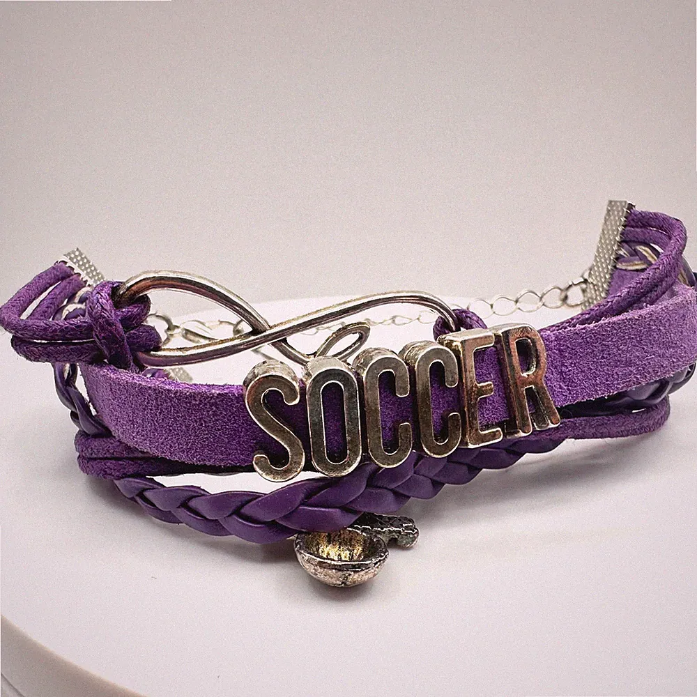 Vintage 90s Purple Leather Soccer Bracelet Infinity Love Sports Charm Adjustable