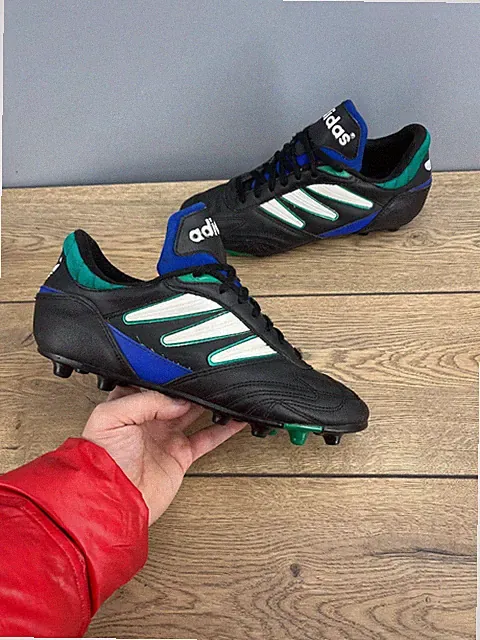 Vintage adidas Questra Soccer Cleats 1994 Black Blue Green Leather US 8.5 UK8