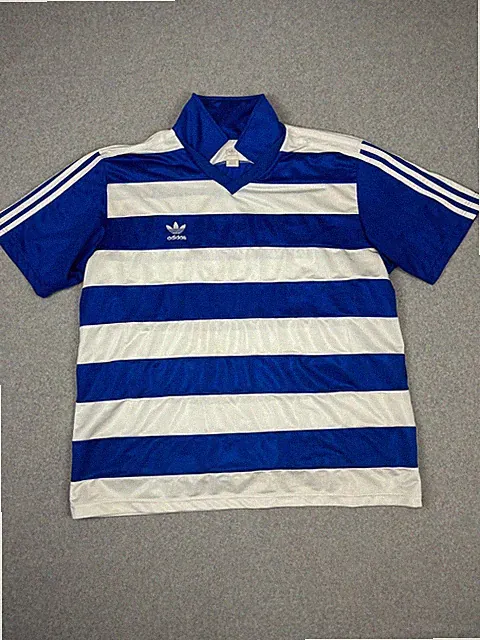 Vintage Adidas Soccer Jersey Mens L Blue White Stripe V Neck Queen Park Ranger
