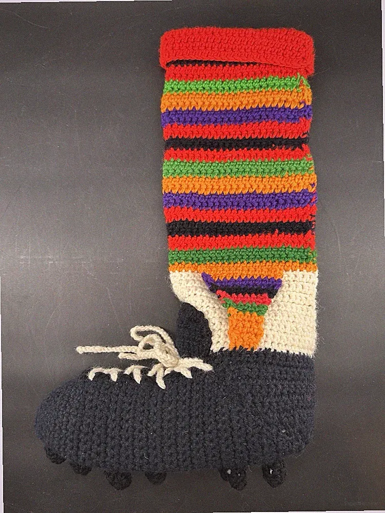 Vintage Hand Knit Crochet Christmas Stocking Soccer Cleat And Sock 20” Long