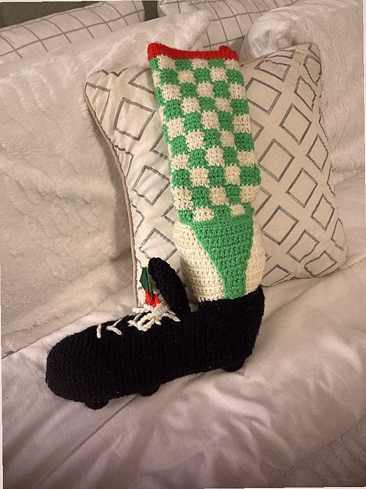Vintage Hand Knit Crochet Christmas Stocking Soccer Cleat And Sock