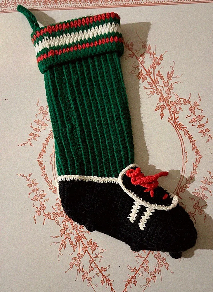 Vintage Hand Knit Crochet Christmas Stocking Soccer Football Cleats Sports Fans!