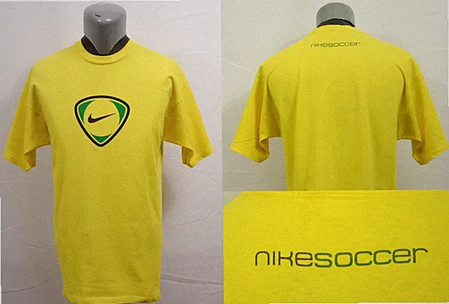 Vintage Nike Soccer T-Shirt 2000s Y2K Yellow Brazil M Center Swoosh Distressed