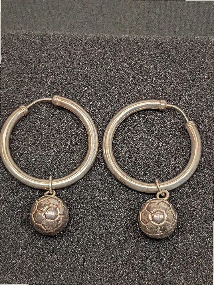 Vintage Silver Hoop Earrings Soccer Ball Dangle Charm Sports Tested Silver ~2"
