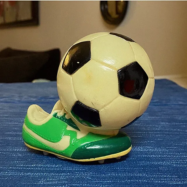Vintage Soccer Ball Cleat Plastic Bank Green Stripe Shoe 24B