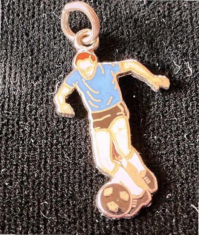 Vintage Sterling Silver Charm Or Pendant Enameled Soccer Player Single Side Flat