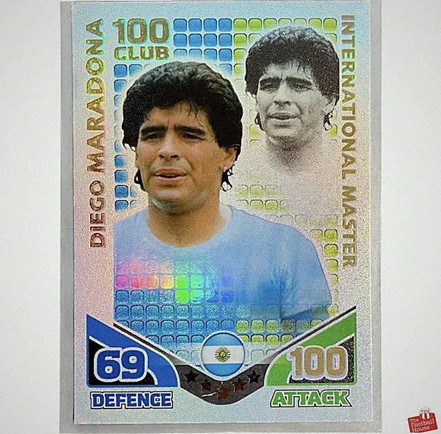 Vintage Topps 2010 Match Attax Argentina 100 Club Diego Maradona Refractor Card.