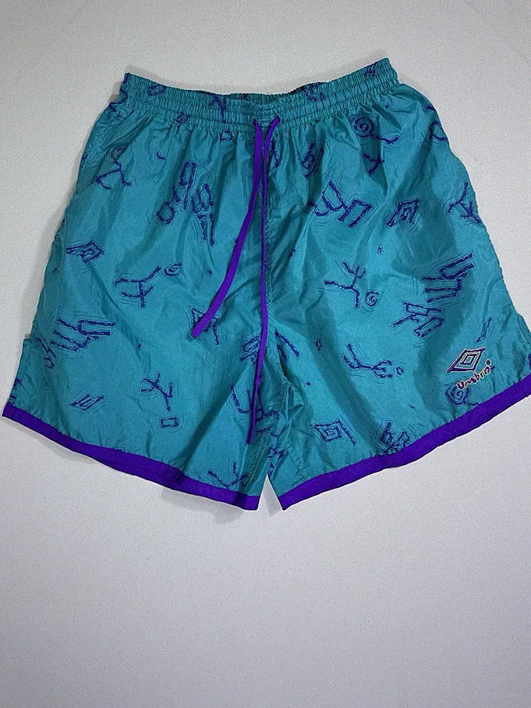 Vintage Umbro Nylon Soccer Shorts Purple Teal Made in USA Men's Small 90s Retro