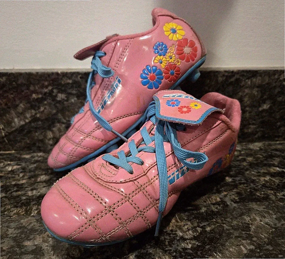 Vizari Girls' 12.5 Youth Soccer Cleats Pink with Floral Design and Blue Laces