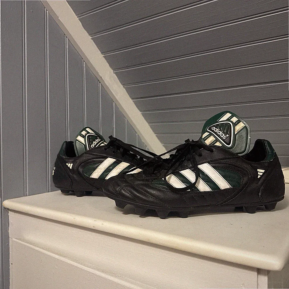VTG 99 Adidas Stratos SL Black Green White Leather Soccer Cleats Mens 8.5 Rare